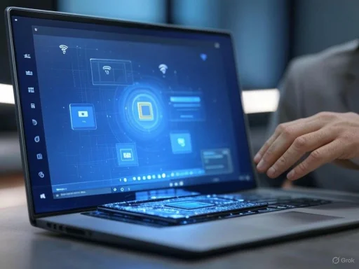 A person interacts with a laptop displaying digital icons and technology graphics related to wireless networks and data sharing.