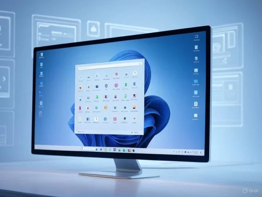 A modern desktop computer with a wide screen displaying a Windows 11 interface, set against a softly lit, tech-themed background.