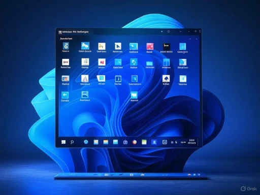 A futuristic computer monitor with a transparent display showing a desktop interface in a dark blue setting.