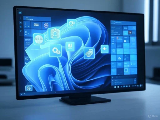 A computer monitor displaying a futuristic digital interface with various icons and graphics in blue tones.