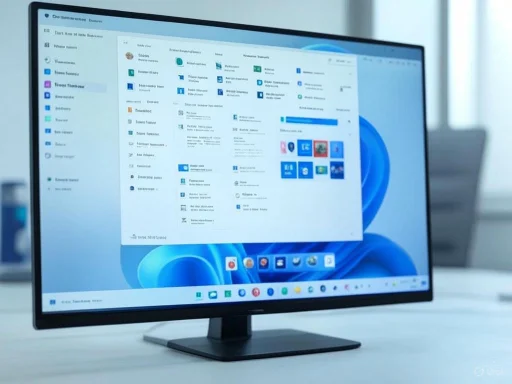 A computer monitor displaying a Windows interface with various folder and application icons on a light-colored desk.