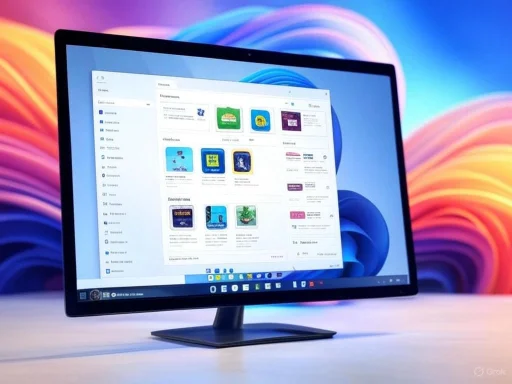 A computer monitor displaying a desktop with a colorful abstract background.