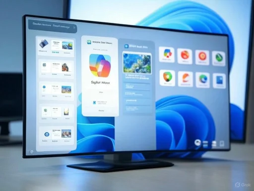 A flat-screen monitor displays a colorful user interface with app icons and menus on a light-colored desk.