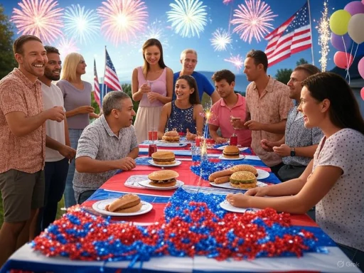A family gathering celebrating Independence Day with fireworks, balloons, and a festive meal outdoors.
