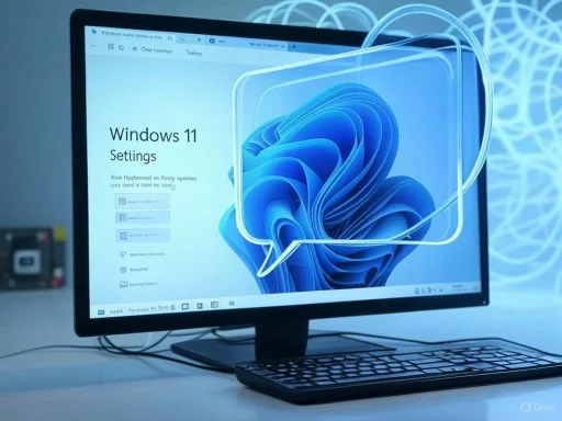 A computer monitor displays Windows 11 settings with a futuristic blue digital background and a speech bubble graphic.
