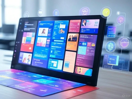 A computer monitor displaying various colorful digital interfaces and floating icons in a modern workspace.