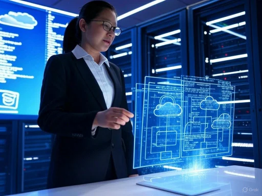 A woman in business attire interacts with a holographic cloud computing diagram in a high-tech data center.