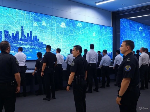 Police officers and officials in a control room monitor a large digital display showing a city map and network graphics. Police officers and officials in a control room monitor a large digital display showing a city map and network graphics.