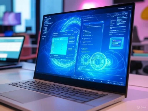 A laptop displays a futuristic digital interface with glowing blue data visualizations and code, likely representing cybersecurity or data analysis.