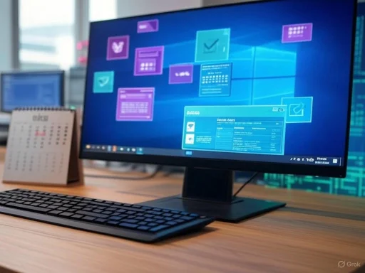 A computer monitor displays a digital workspace with various colorful app icons, accompanied by a keyboard and desk calendar.
