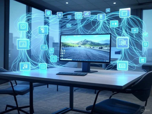 A computer with icons representing digital data and networks overlaying a modern office setting. A computer with icons representing digital data and networks overlaying a modern office setting.