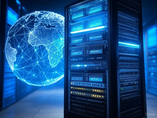 Data center servers with a glowing digital globe representing global connectivity and technology integration.