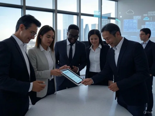 Business professionals collaborate and review data on a tablet in a modern office.