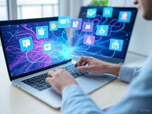 A person using a laptop with digital icons representing social media and communication apps.