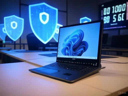 A laptop on a desk with digital shield icons and data screens in the background, suggesting cybersecurity or data protection.