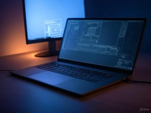 A laptop displaying technical data is set up on a desk with a monitor behind, illuminated by soft ambient lighting.
