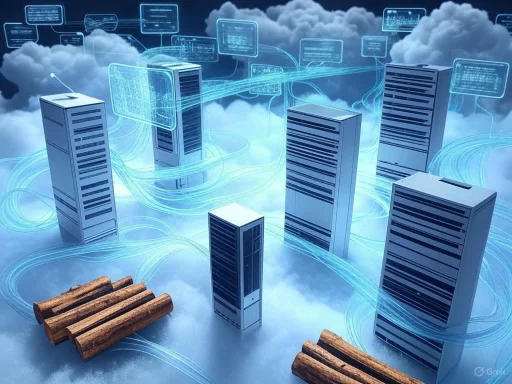 Digital servers floating among clouds connected by glowing data streams, with logs of wood on the ground below.
