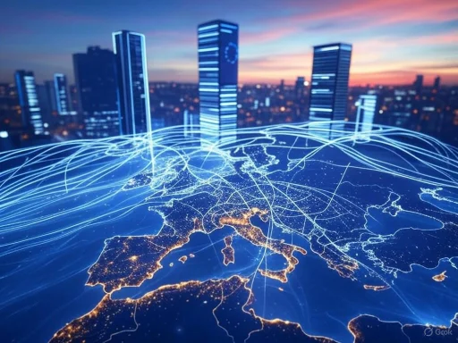 A digital map of Europe with illuminated borders and connectors, overlaying a cityscape with modern buildings at sunset.