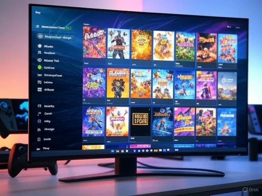 A computer monitor displays a game or app library with various colorful cover images, set against a softly lit background. A computer monitor displays a game or app library with various colorful cover images, set against a softly lit background.