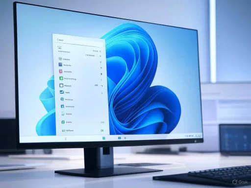 A computer monitor displays the Windows 11 desktop with a centered start menu open, on a modern white office desk.