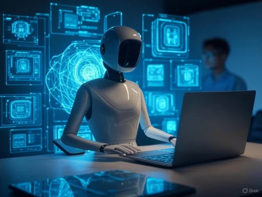A humanoid robot working on a laptop in a high-tech digital environment with holographic displays. A humanoid robot working on a laptop in a high-tech digital environment with holographic displays.