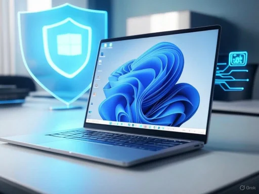 A laptop displaying a blue abstract wallpaper, with digital security icons floating nearby, indicating cybersecurity.