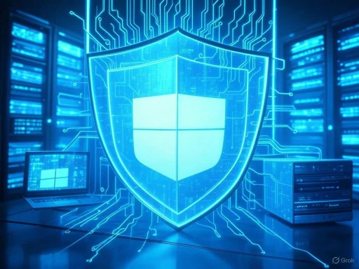 Digital shield emblem representing cybersecurity and data protection in a high-tech server environment. Digital shield emblem representing cybersecurity and data protection in a high-tech server environment.