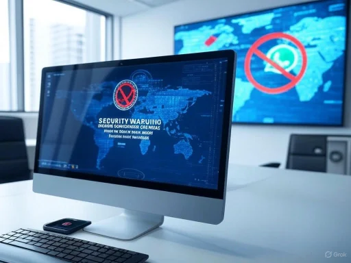 Computer monitor displays a security warning with a 'no' symbol over WhatsApp, indicating restricted or blocked access.