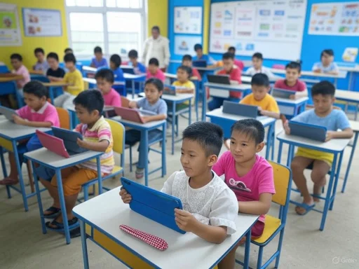 Students in a classroom using tablets for learning activities.