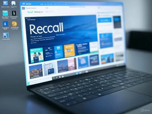 A laptop displaying a webpage with the headline 'Recall' on the screen.