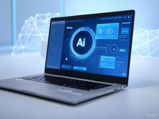 A laptop screen displays a digital interface focused on artificial intelligence (AI) with futuristic graphics and data visualizations.