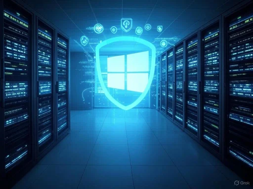 Server room with digital security icons and a shield with the Windows logo indicating cybersecurity protection.