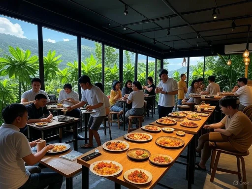 A group of people dining and enjoying a meal in a bright, lush, and scenic restaurant with floor-to-ceiling windows.
