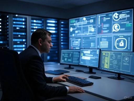 A man in a suit monitors multiple screens displaying data and security graphics in a high-tech control room.