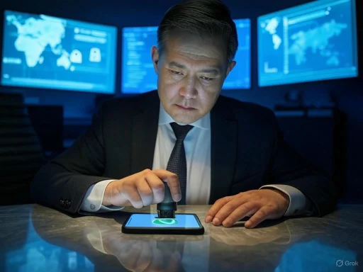 A businessman uses a fingerprint scanner on his smartphone in a high-tech office with multiple screens displaying global data.