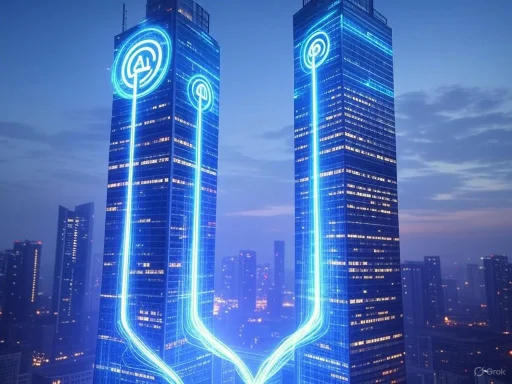Two skyscrapers with neon blue wireless signal icons and lines connecting to the top, symbolizing connectivity. Two skyscrapers with neon blue wireless signal icons and lines connecting to the top, symbolizing connectivity.