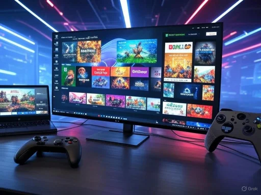 A gaming setup with a large monitor, smaller screen, controllers, and vibrant colorful lighting effects.