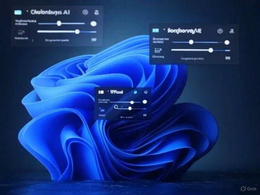 The image shows a digital desktop with three audio control panels over a swirling blue abstract background. The image shows a digital desktop with three audio control panels over a swirling blue abstract background.