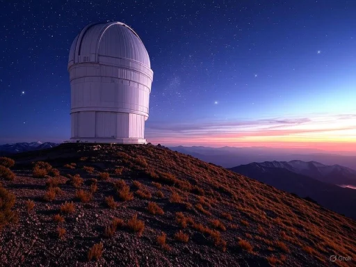 A large white observatory dome on a mountain under a starry sky at sunset.