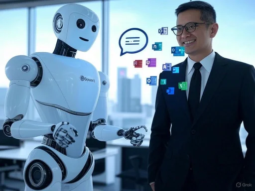 A human and a robot appear to be engaged in a conversation in a modern office, with digital app icons floating around them.