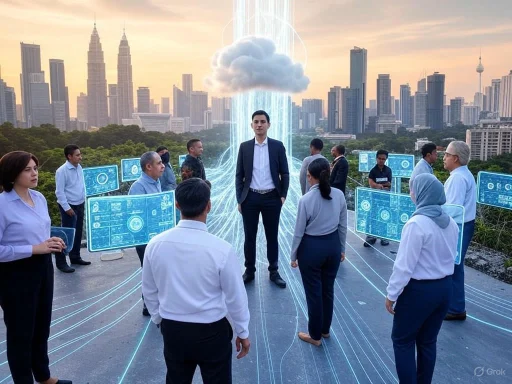 A diverse group of professionals gathers on a rooftop with digital data displays against a futuristic city skyline.