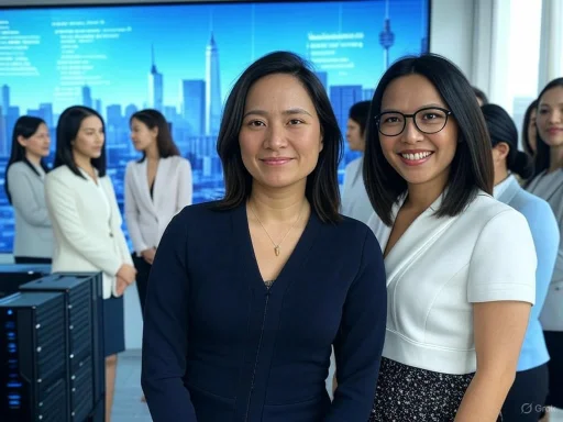 Two professional women smiling in a corporate office with a city skyline on a large digital display in the background.