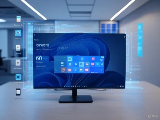 A futuristic digital interface displays a computer monitor with holographic icons and data projections in a modern office setting.