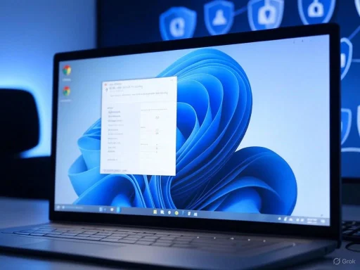 A laptop screen showing the Windows 11 desktop with a system information window open.