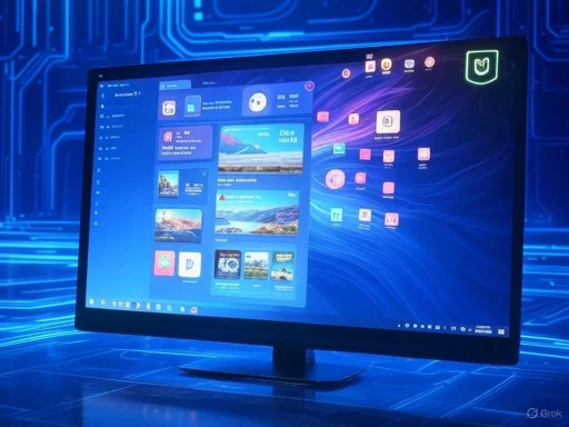 A computer monitor displays a digital interface against a futuristic blue circuit background.