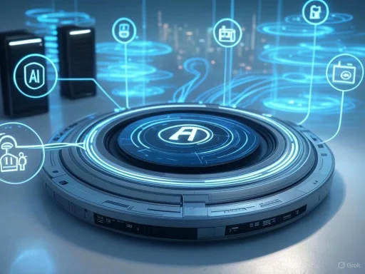 A futuristic holographic interface with AI and various technology icons emerging from a circular device.