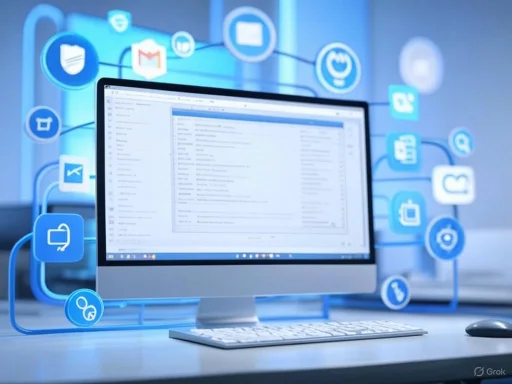 A computer monitor displays an email inbox, surrounded by floating app icons representing various digital services and communication tools. A computer monitor displays an email inbox, surrounded by floating app icons representing various digital services and communication tools.