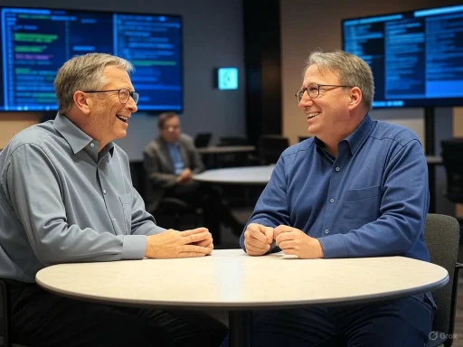 Two men are smiling and talking at a round table in a corporate office with large screens displaying data in the background. Two men are smiling and talking at a round table in a corporate office with large screens displaying data in the background.