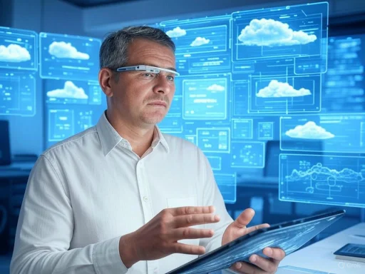A man using augmented reality glasses interacts with cloud computing holograms on a tablet in a high-tech environment.