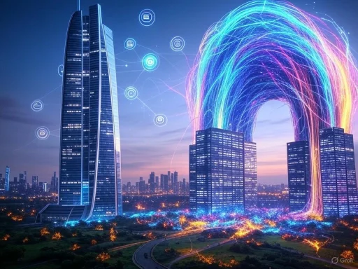 Futuristic cityscape with skyscrapers emitting vibrant, colorful light trails resembling a digital or energy portal.